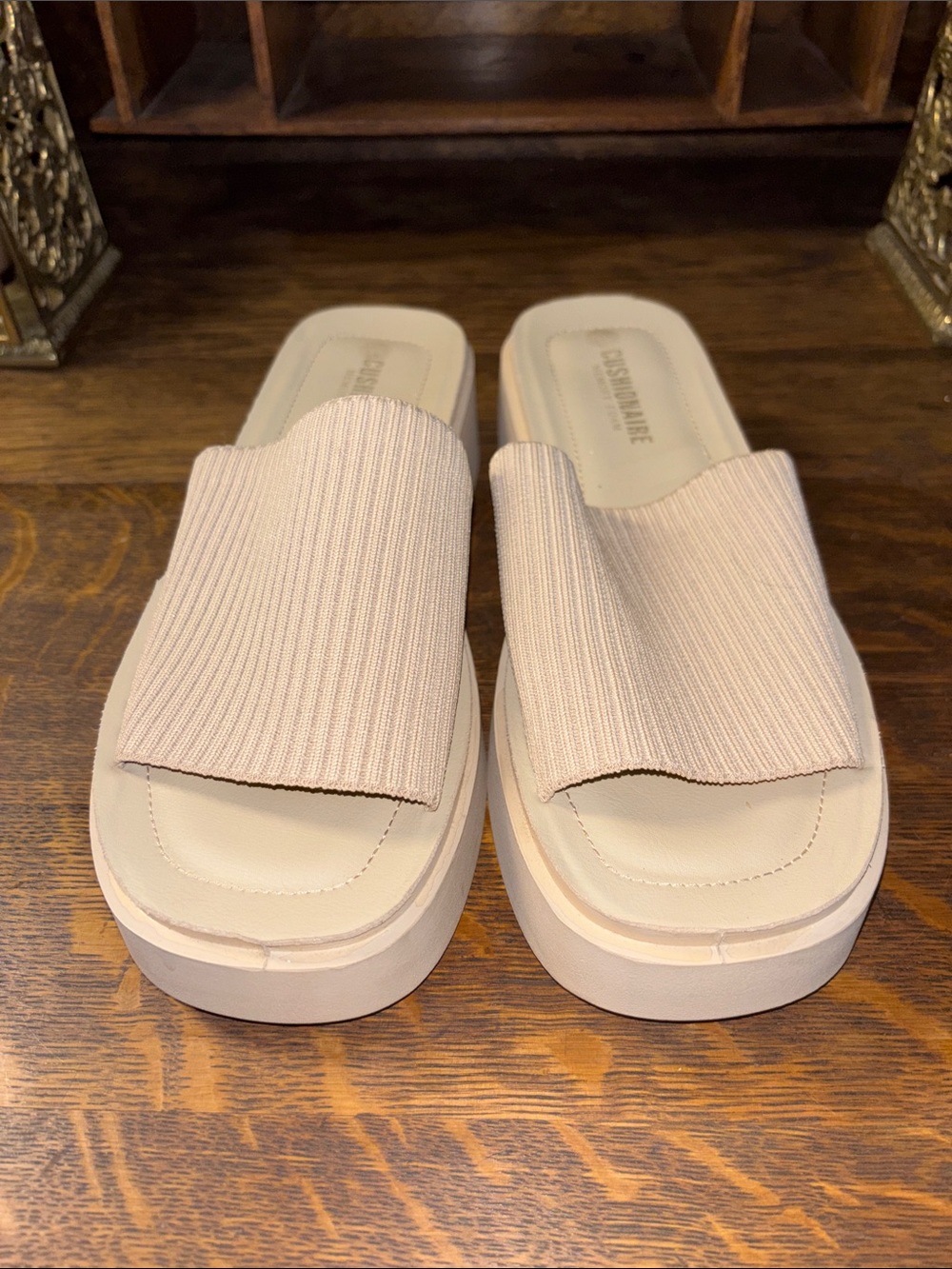 Platform Ribbed Slip-On Sandals in Tan
